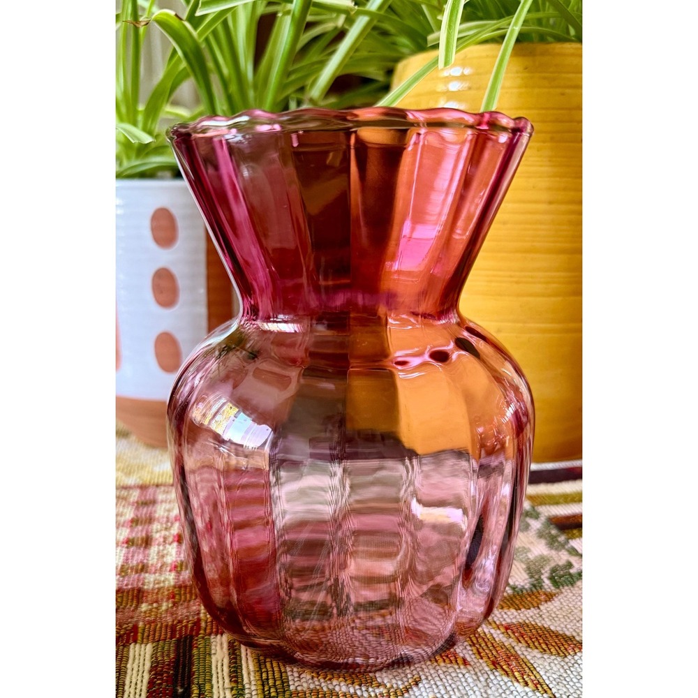 Vintage Cranberry Pink Optic Panel Glass Rose Bowl Vase - 6 Inch Scalloped Rim